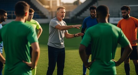 Soccer Coach Strategizing with Players on Field, Group Huddle for Football Team Meeting Before Game