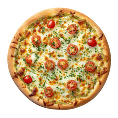 Freshly Baked Pizza Topped with Mozzarella, Tomatoes, Basil, and Pesto Drizzle for Culinary Delight