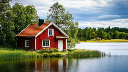 Obraz premium Red cottage by a lake (1)