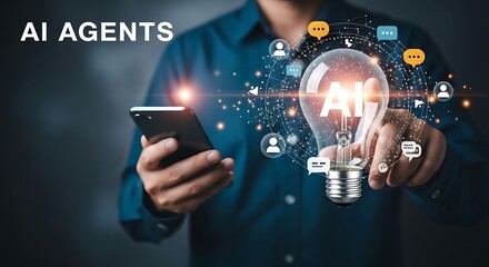 Person holding phone and lightbulb with A I concept