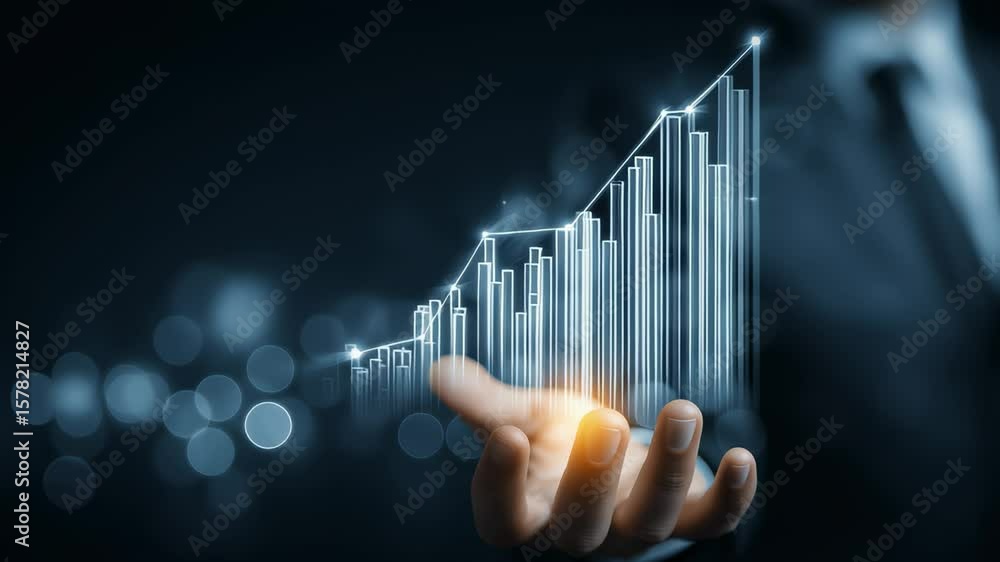 Poster a man is holding a hand up to a graph that is showing a line going up. the graph is in black and whi