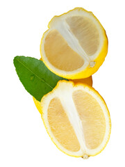 Front view of ripe yellow lemon fruit with two oval or ellipse halves and green leaf in stack...
