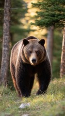 Fototapeta premium Majestic brown bear in sunlit forest.