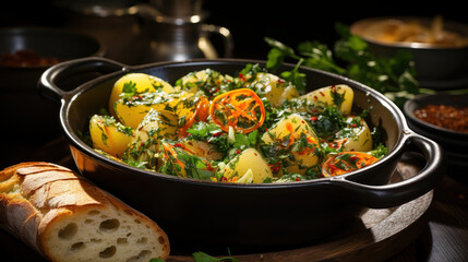 Steaming Hot Vegetable Soup with Potatoes, Carrots, and Herbs in a Rustic Bowl
