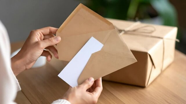 Hands open a brown envelope revealing a white card. A tied package is in the background. Light wood surface