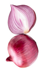 Fresh unpeeled red or purple Spanish onion bulb with half isolated with clipping path in png file format