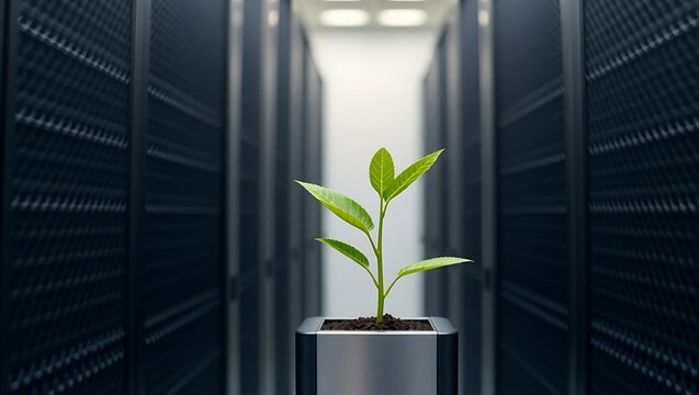 A plant in a silver pot in a server room with rows of servers and a bright light at the end of the hall - Powered by Adobe