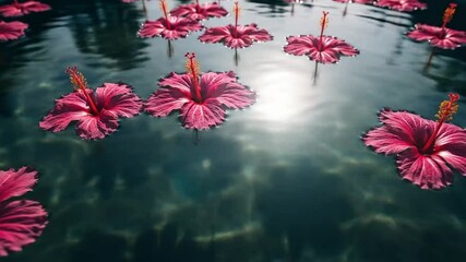 Hibiscus Flowers Floating on Tranquil Water