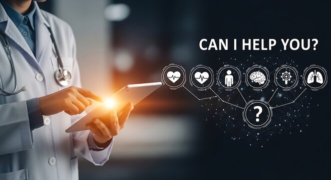 Doctor using tablet with medical icons healthcare technology