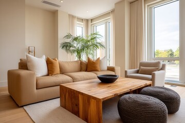 Fototapeta premium Modern living room with beige sofa and wooden coffee table by large windows.