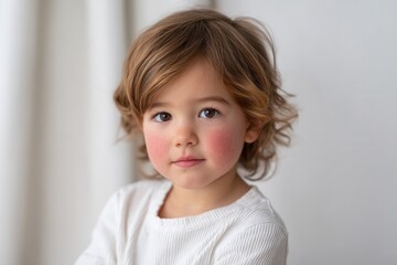 Fototapeta premium Caucasian child with curly hair and blush cheeks in white top.