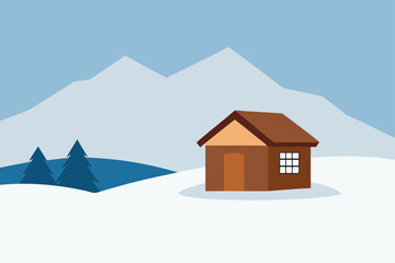 Small Wooden Cabin In Remote Snowy Valley On White