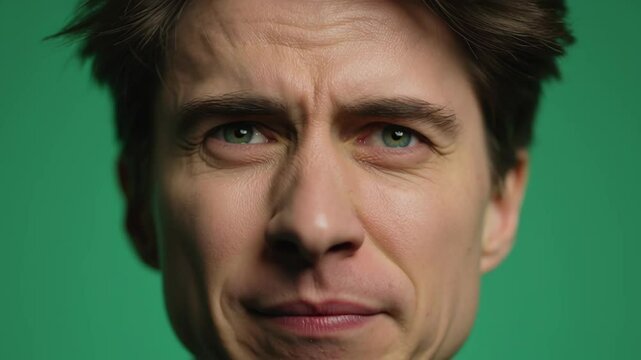 Seamless close up of man making funny face with green screen background showing vivid expression and emotion with detailed facial