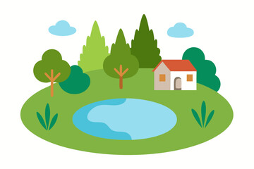 Obraz premium Village Pond Surrounded By Natural Vegetation