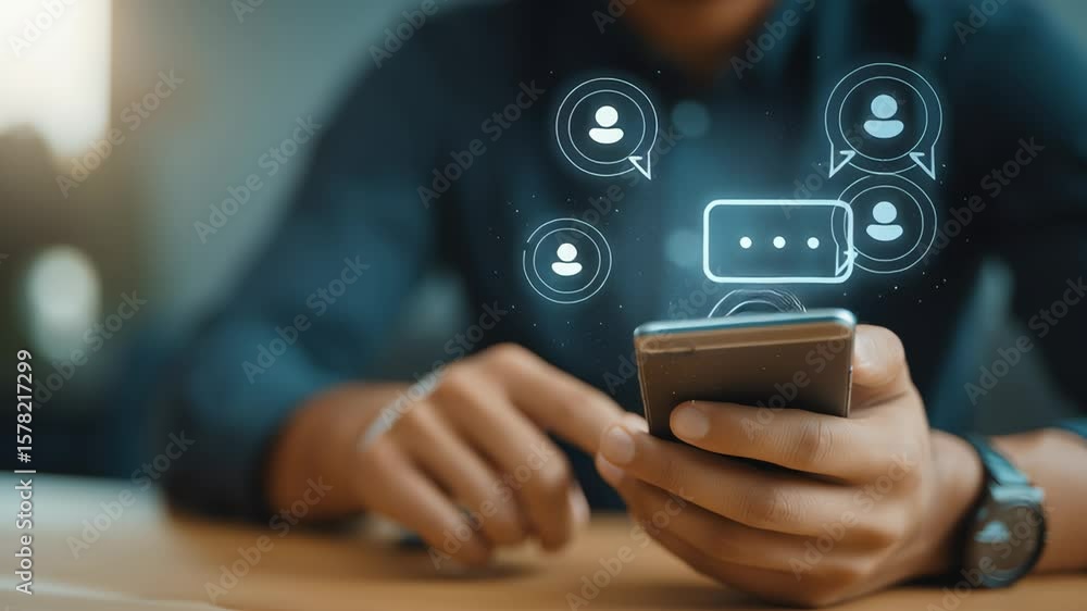 Poster a person is holding a cell phone and touching the screen. the screen is filled with various chat bub