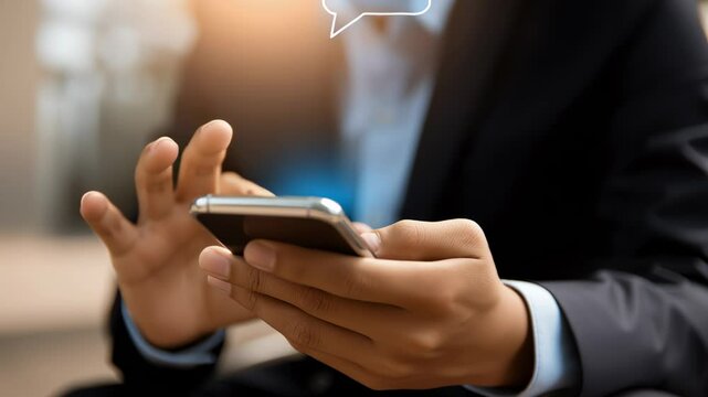 A person is holding a cell phone with a blue chat bubble on the screen. The chat bubble is blue and has a robot in it