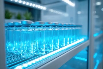 Row of medicine vials in laboratory fridge with blue lighting.