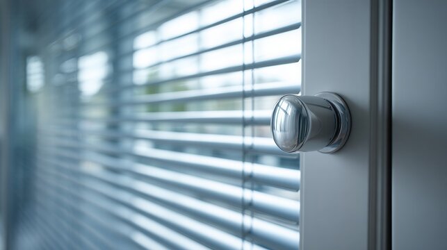 Modern glass door handle and blinds in contemporary office space. - Powered by Adobe