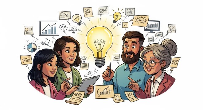 Team brainstorming session focused on innovation and strategic planning with a bright idea lightbulb at the center.