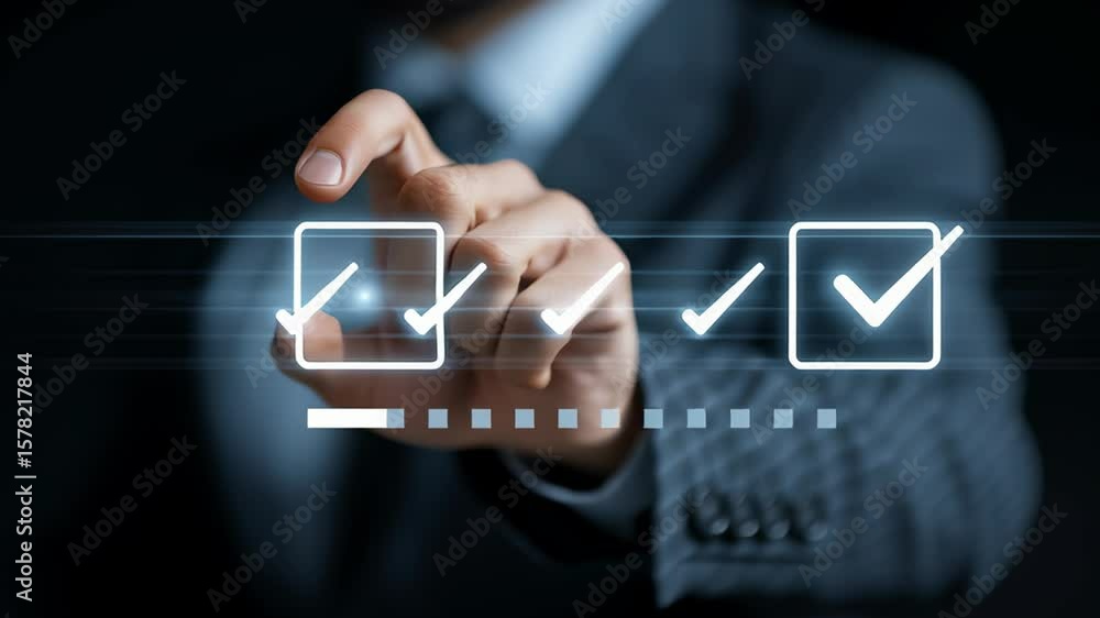 Poster a man is pointing to a box with a check mark in it. the box has five check marks in it