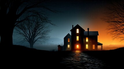 Silhouetted Home Under Starry Night with Warm Light in Windows and Calm Water Reflection