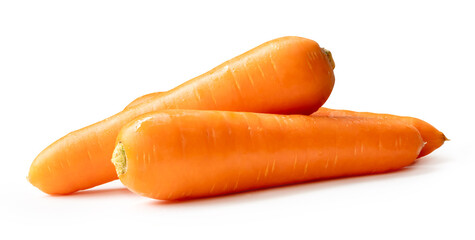 Side view of three fresh orange carrot roots in stack isolated on white background with clipping path