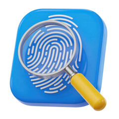 Magnifying glass over digital fingerprint icon on blue square background for security concept