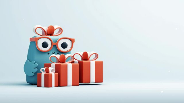 A blue and red stuffed animal with glasses is standing in front of three red boxes. The boxes are placed on a white background