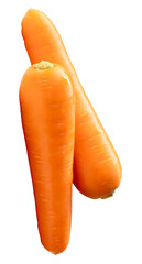Side view of two fresh orange carrot roots in stack isolated with clipping path in png file format