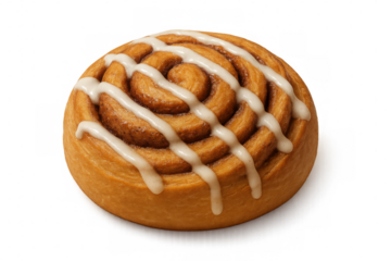 Sweet cinnamon roll dripping with creamy glaze, spiraling golden pastry against clean backdrop