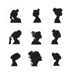 Set of man and woman vector silhouettes with various head profiles and human icons in black outline style