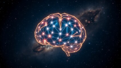 Glowing brain connected by nodes against a dark space background with stars and galaxy elements