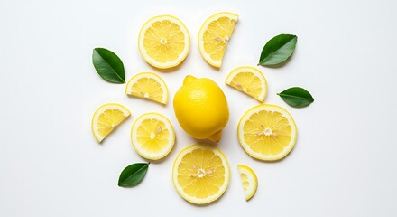 Fototapeta premium Bright Yellow Lemons and Green Leaves Arranged on a Clean White Surface