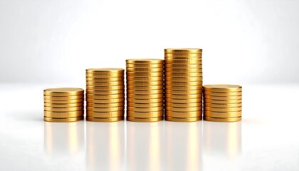 Rising Golden Coins Financial Growth Concept on White Background.