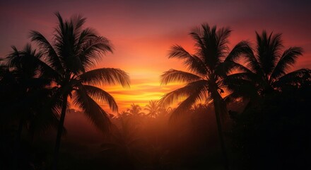 Obraz premium Tropical Paradise Palm Trees Silhouette During Fiery Sunset Sky with Lush Vegetation Background