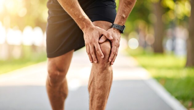 Runner with knee pain with clutching leg outdoors on running track, and injury concept.