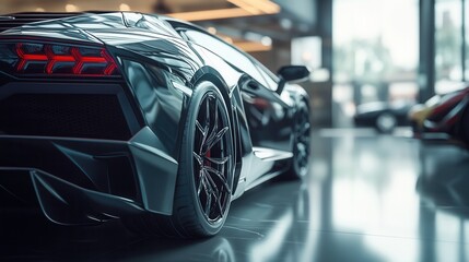 car brochure template, blank high-performance branding with softly blurred exotic showroom