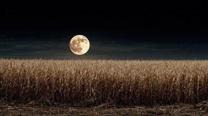 Golden grain field under a bright full moon illuminating the tranquil landscape