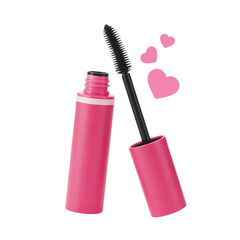 Open pink mascara tube with hearts symbolizing beauty and elegance on black sleek background