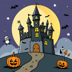 Fototapeta premium Cartoon Haunted Castle with Pumpkins and Full Moon – Halloween Night Vector Illustration