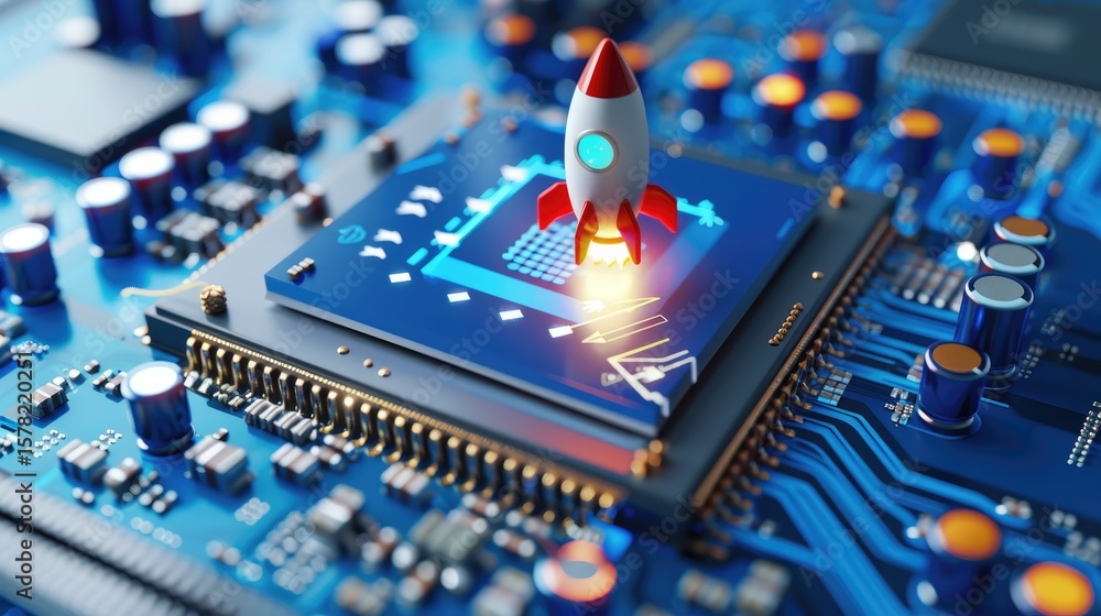 Poster high-tech blue and white computer chip with small rocket symbolizing speed and innovation