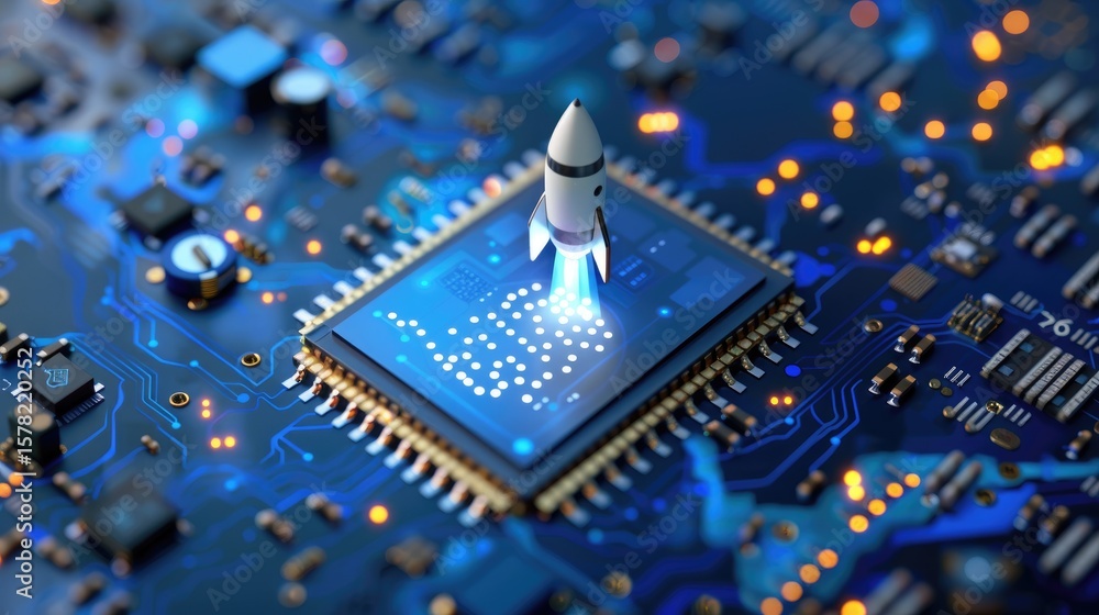 Poster high-tech blue and white computer chip with small rocket symbolizing speed and innovation
