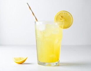 Fototapeta premium Iced lemonade in a glass with condensation, straw, and lemon slice, summer vibe, white background