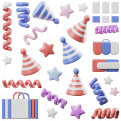 Colorful party celebration 3D icons for festive decoration and creative birthday designs theme