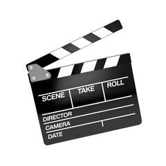 Fototapeta premium Classic film clapperboard isolated on black background for movie production and film shooting