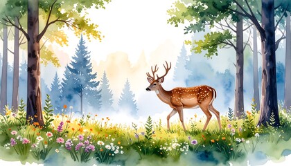 Watercolor forest scene with deer (1)