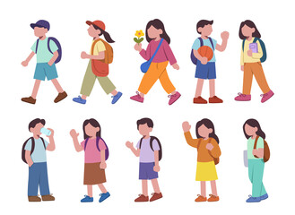 Fototapeta premium Diverse School Children Characters with Backpacks Collection. Kids Walking and Standing, Back to School Illustration.