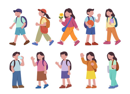 Diverse School Children Characters with Backpacks Collection. Kids Walking and Standing, Back to School Illustration.