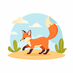Obraz premium Playful Cartoon Fox Walking Across Sandy Desert Landscape with Cactus.
