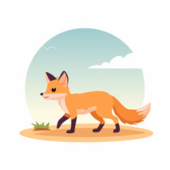 Obraz premium Cartoon Fox Walking Across a Sandy Patch Under a Cloudy Sky